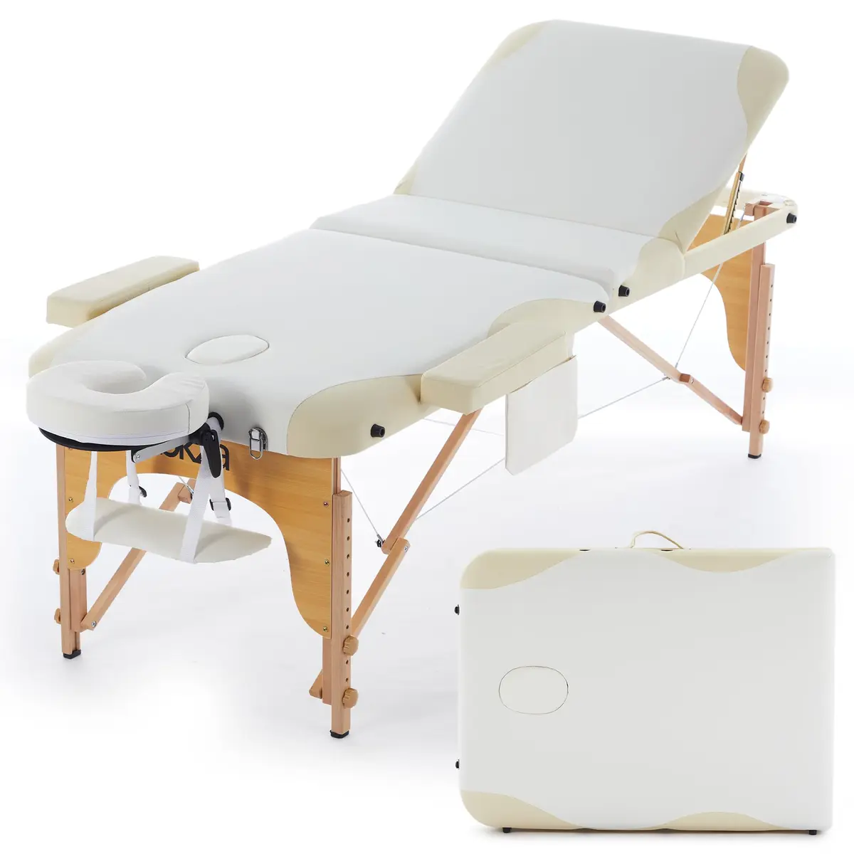 Maca Portátil Premium+ 70cm, Divã Cama de Fisioterapia, Estética, Massoterapia, Massagem, Quiropraxia, Depilação, Tatuagem - Altura Ajustável + bolsa de transporte Com Inclinação (Creme e Branco) - 1