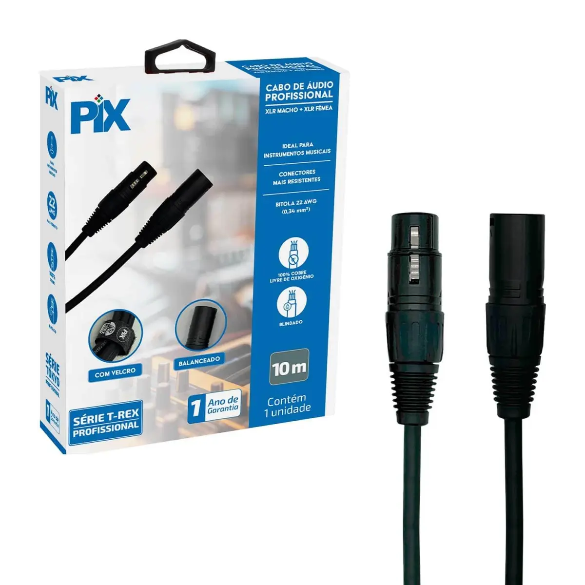 Cabo XLR Cannon Macho + XLR Cannon Fêmea 100% Cobre para Instrumentos 10 Metros