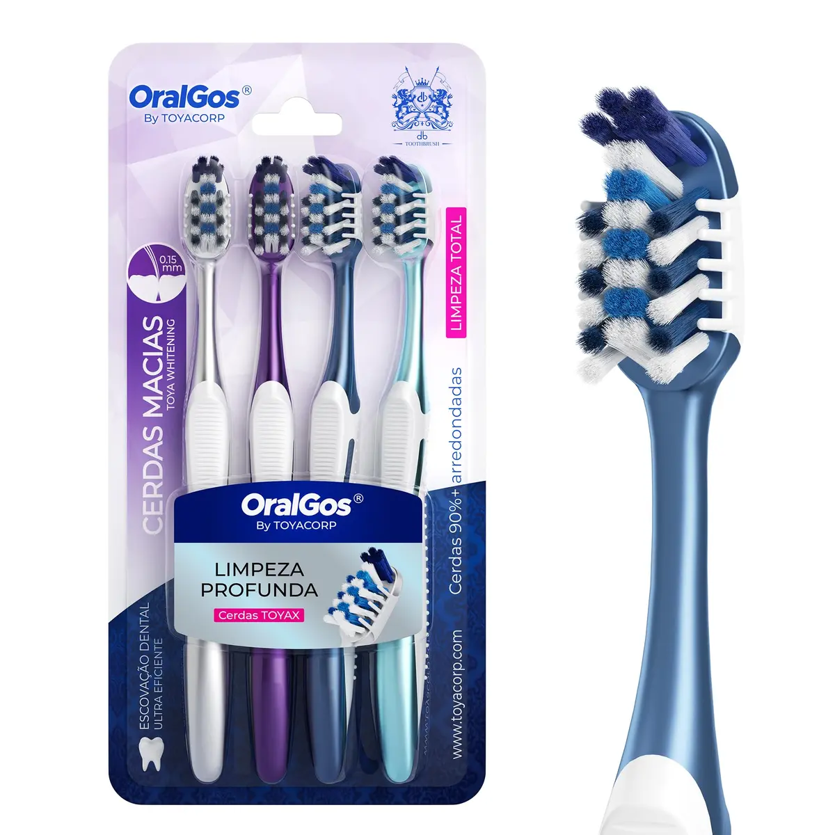 OralGos Escova de Dente Adulto 4 Unidades, Cerdas Macias 0,15mm | Limpeza Profunda, Pontas Arredondadas, Cabo Antiderrapante, Opção com Carvão Ativado