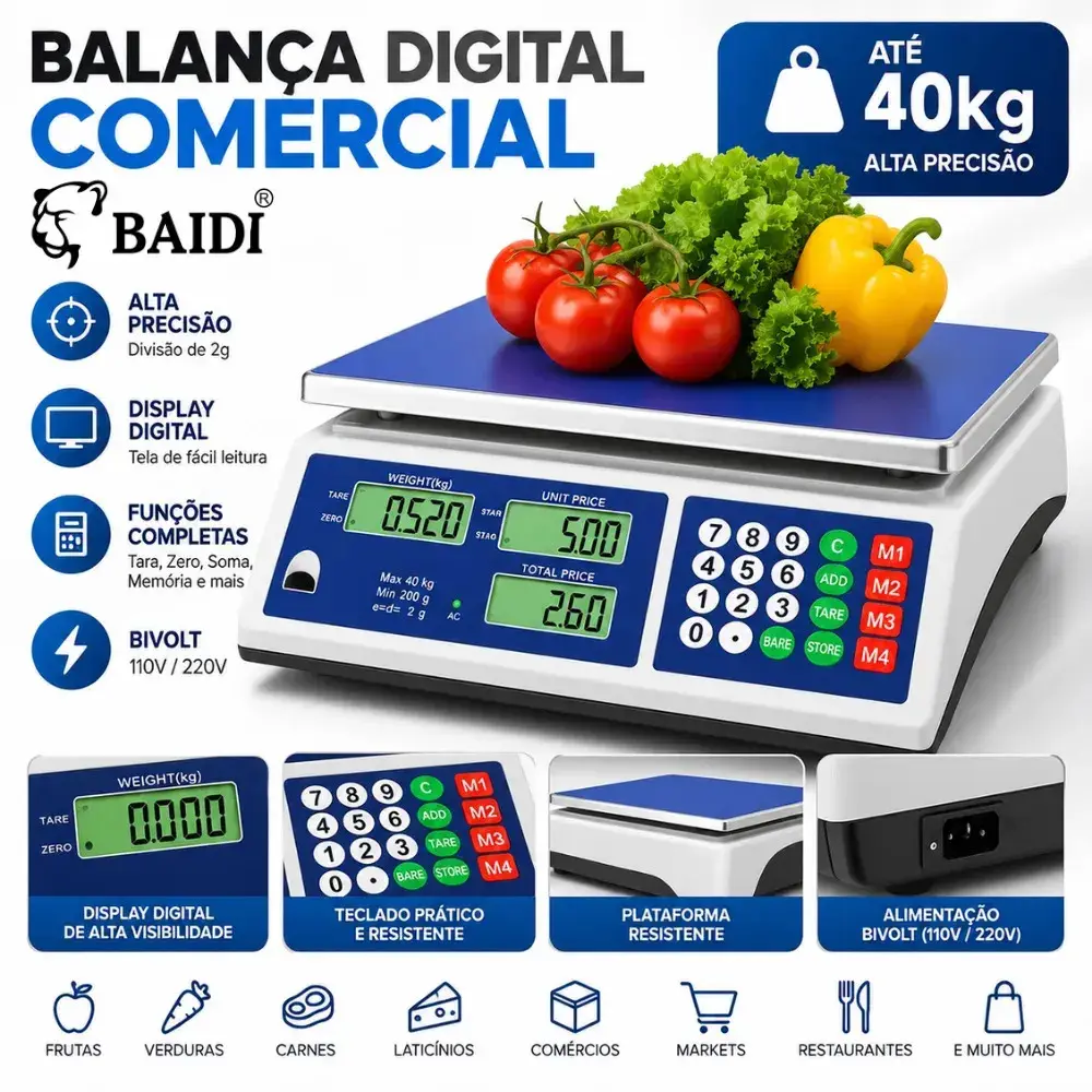Balança Digital Preço Eletrônico Comercial 40kg Precisão Comercio Mercado Comerciante Hortifrutti - 1