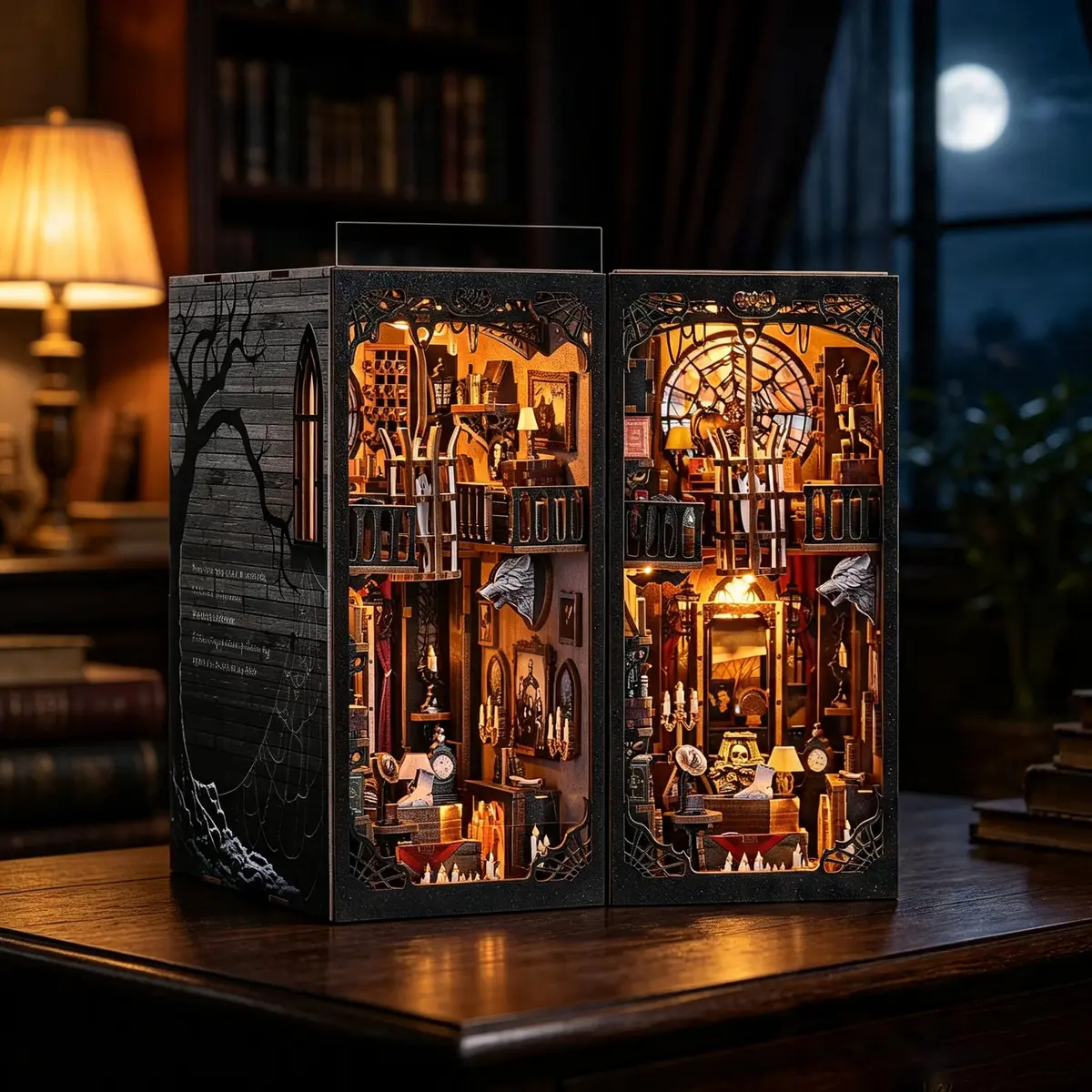 Kit de Modelo 3D de Madeira DIY Miniatura Com Luz LED Touch (Mini Livraria Gótica) - 1