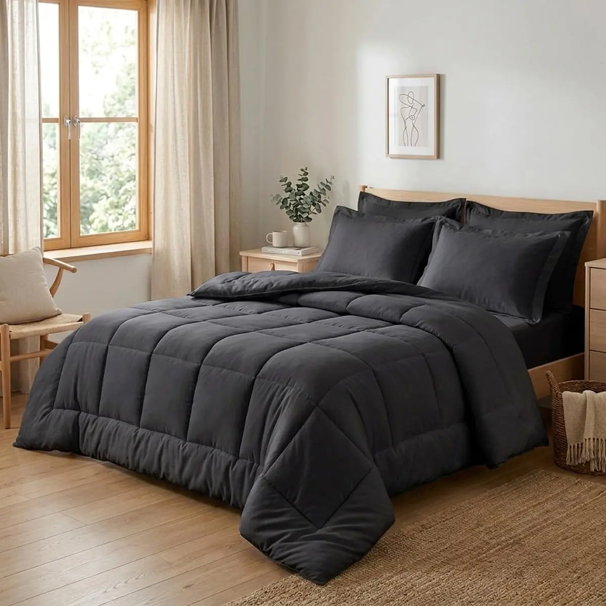 Edredom Kit Roupa de Cama 6 Peças Dupla Face Lençol e Fronha Completo Com Elástico Casal Queen (Preto)