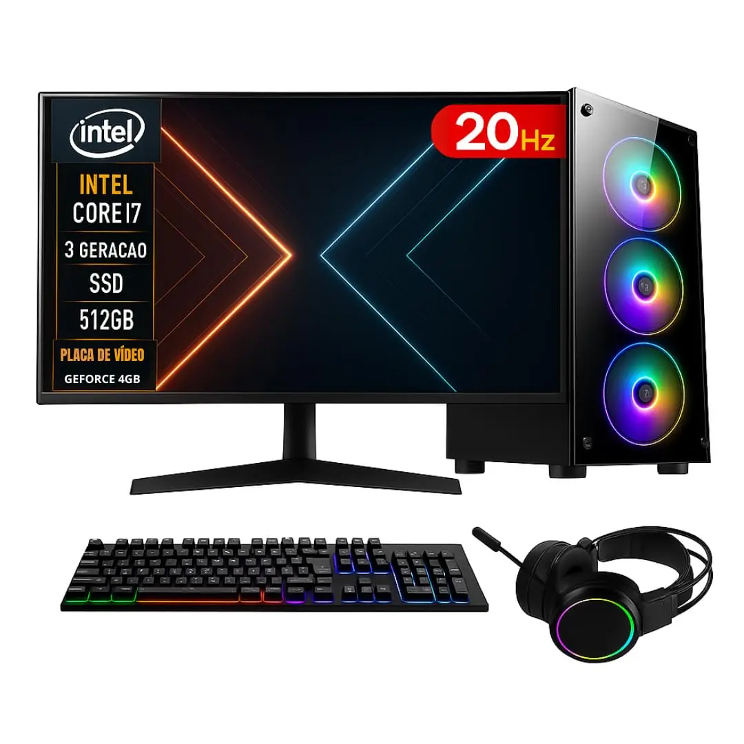 PC GAMER COMPLETO INTEL CORE I7 16GB RAM PLACA DE VIDEO GEFORCE 4GB SSD 512GB FONTE 500W - MONITOR 20'' 75HZ - KIT GAMER TECLADO/MOUSE/HEADSET/MOUSEPAD - 1