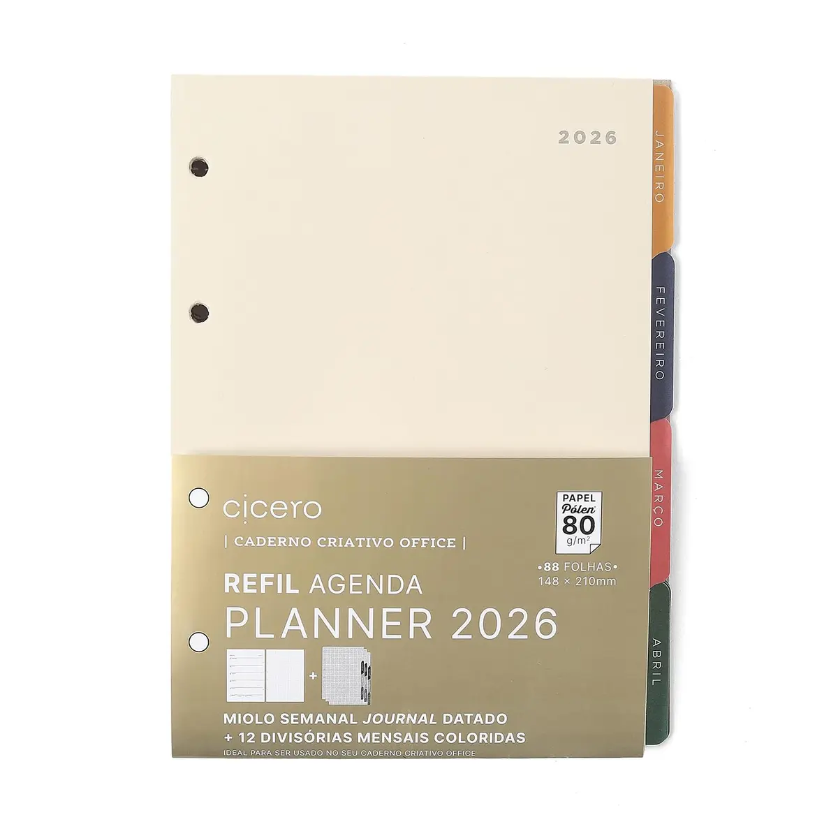 REFIL CADERNO CRIATIVO ARGOLADO 88 FLS POLEN 80G AGENDA PLANNER 2026 SEMANAL JOURNAL A5 C/ 12 DIVISORIAS
