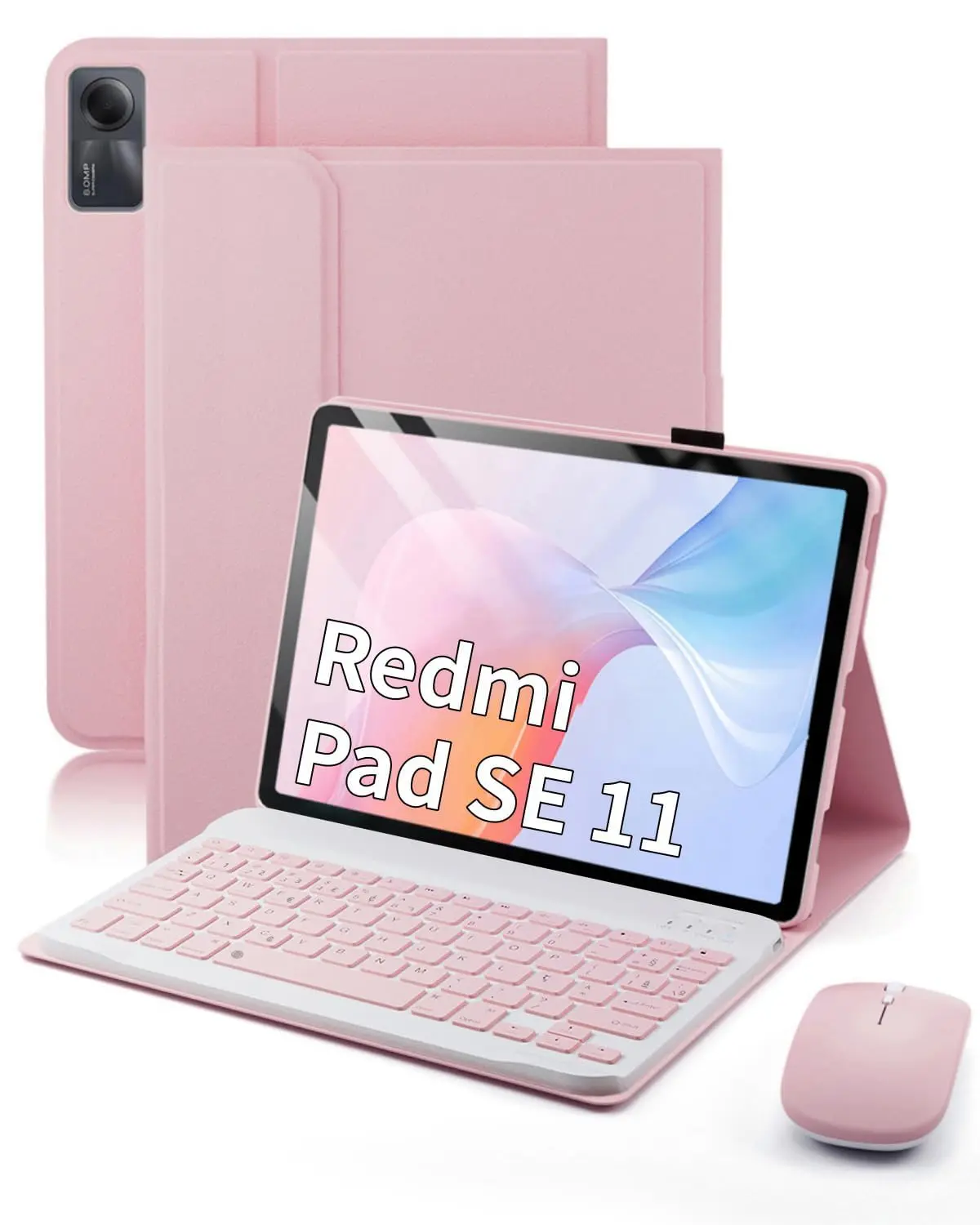 Capa com Teclado para Xiaomi Redmi Pad 2 / Pad SE 11 Polegadas - Rosa | Teclado Bluetooth destacável, Mouse, Tampa de Caneta, Função de Despertar Automático