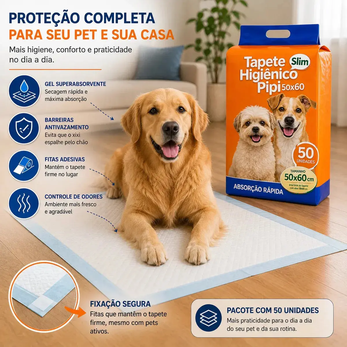 Tapete Higiênico Para Cães Gatos Pets Manta Absorvente 50 Unidades 50x60Cm Branco Fralda Pet Cachorro Camadas De Proteção Bloqueador De Odor Linha Premium Com Camadas De Proteção thumbnail 2