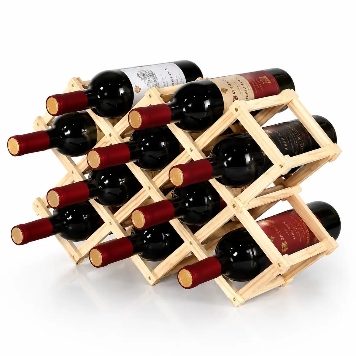 Suporte para Vinho de Madeira Natural, Dobrável, Capacidade para 10 Garrafas, Estilo Rústico
