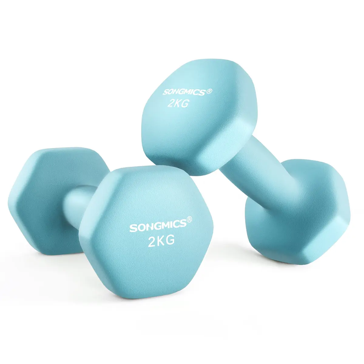 SONGMICS Conjunto de 2 Halteres Hexagonais, 2 x 2 kg | Pesos de Mão, com Revestimento de Neoprene, Exercício de Treino em Casa, Azul Pálido, Coleção STEFAN SYL904Q01
