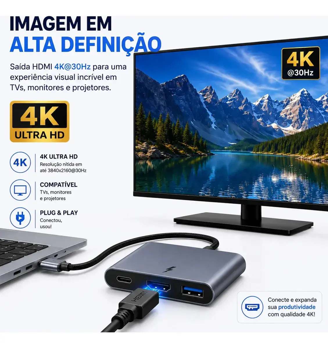 Adaptador Conversor USB-C Para Hdmi 4k 3 Em 1 Ezsias Armarinhos thumbnail 3
