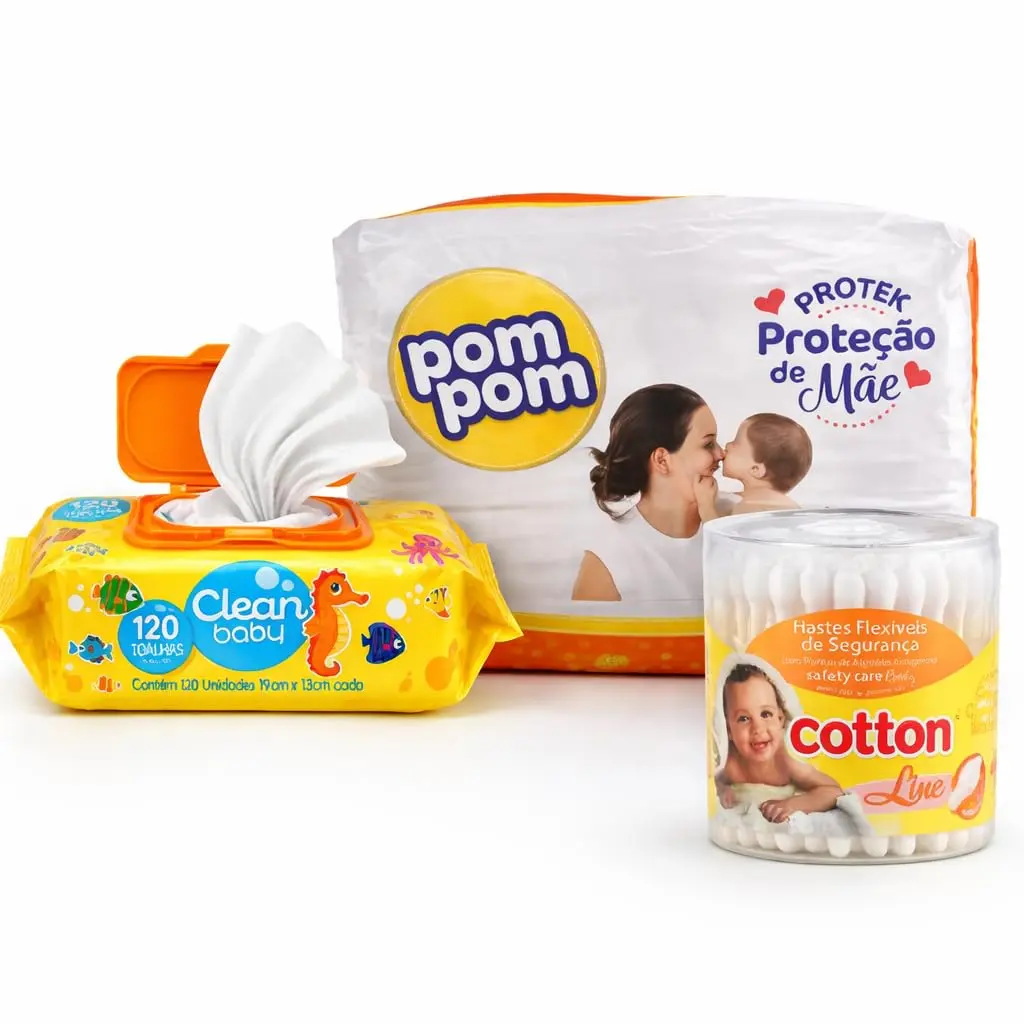 Fraldas Pompom M + Lenços + Cotonete Baby - Kit Higiene Bebê