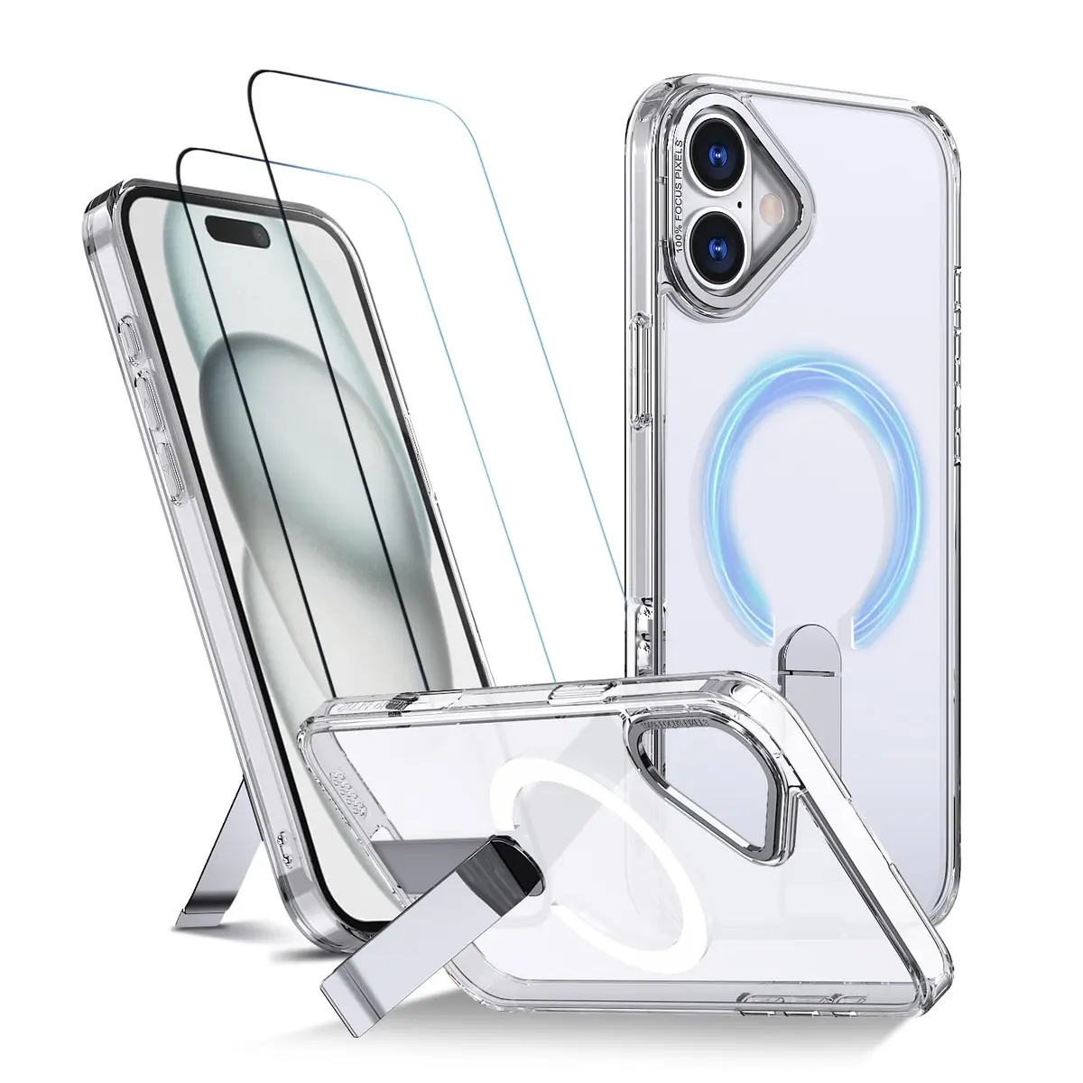Capa para iPhone 16 Plus Capinha - Compatível com MagSafe, com protetor de ecrã temperado de 2 peças, estojo ultrafino resistente a choques e quedas com suporte ajustável - Transparente