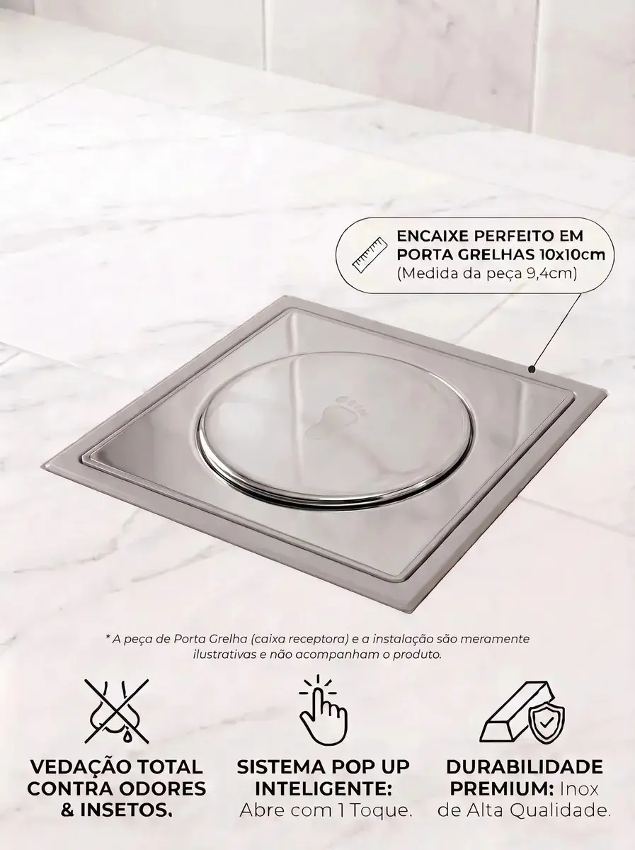 Ralo Click 10x10 Inteligente Pop Up Inox Oculto Invisível Para Banheiro E Cozinhas Acabamento Premium
