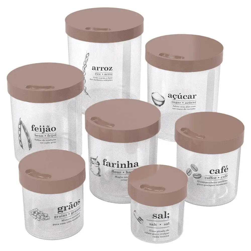 Conjunto Porta Mantimentos Redondo Decorado 7 Peças – Potes Organizadores para Despensa e Cozinha, Tampa Vedada, Ideal para Arroz, Feijão, Açúcar, Café e Grãos - 1