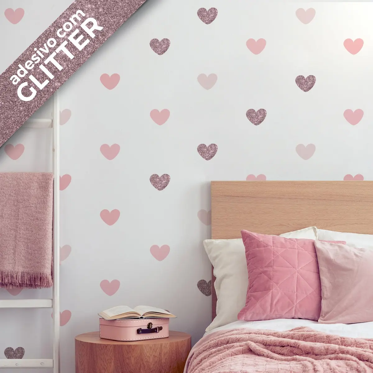 Adesivo de Parede Corações Tons de Rosa Glitter Quarto de Menina 60un Cobre 5m2 (Com Glitter Rosê)
