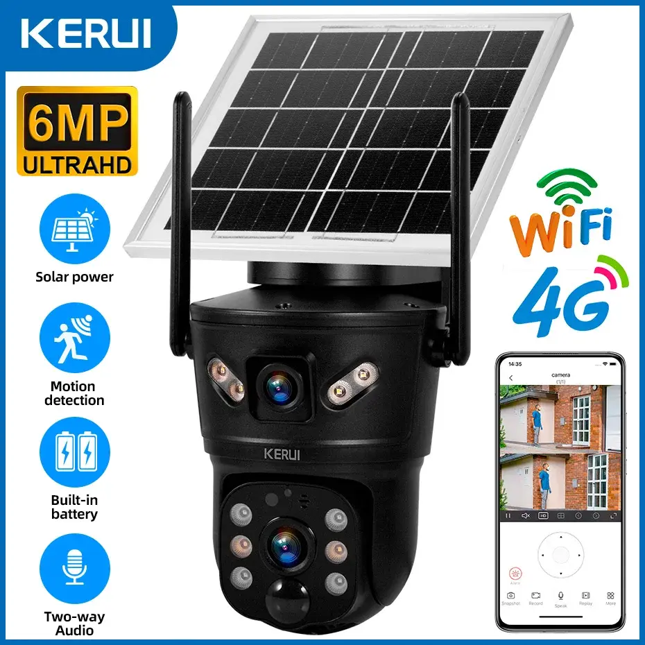 Kerui ao ar livre à prova dwaterproof água 6mp 4g sim wifi câmera solar lente dupla painel solar de segurança em casa cctv vigilância vídeo v380pro
