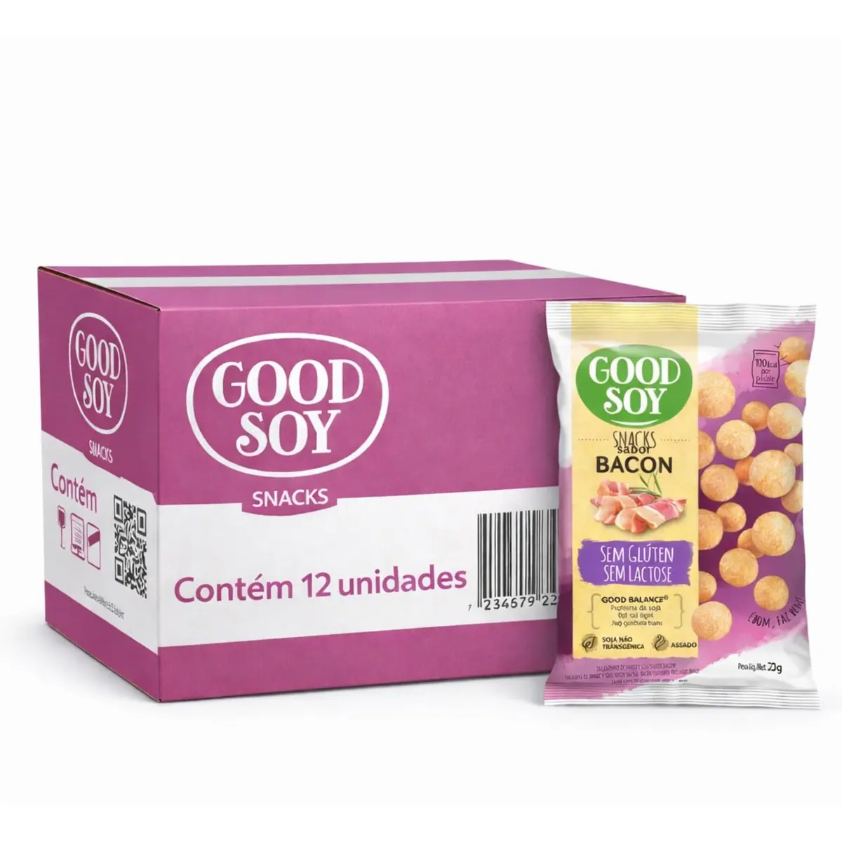Kit Snacks de Soja GoodSoy Sem Glúten Sabor Bacon 25g c/12 pacotes – Snack Crocante à Base de Soja, Prático e Sabor Intenso