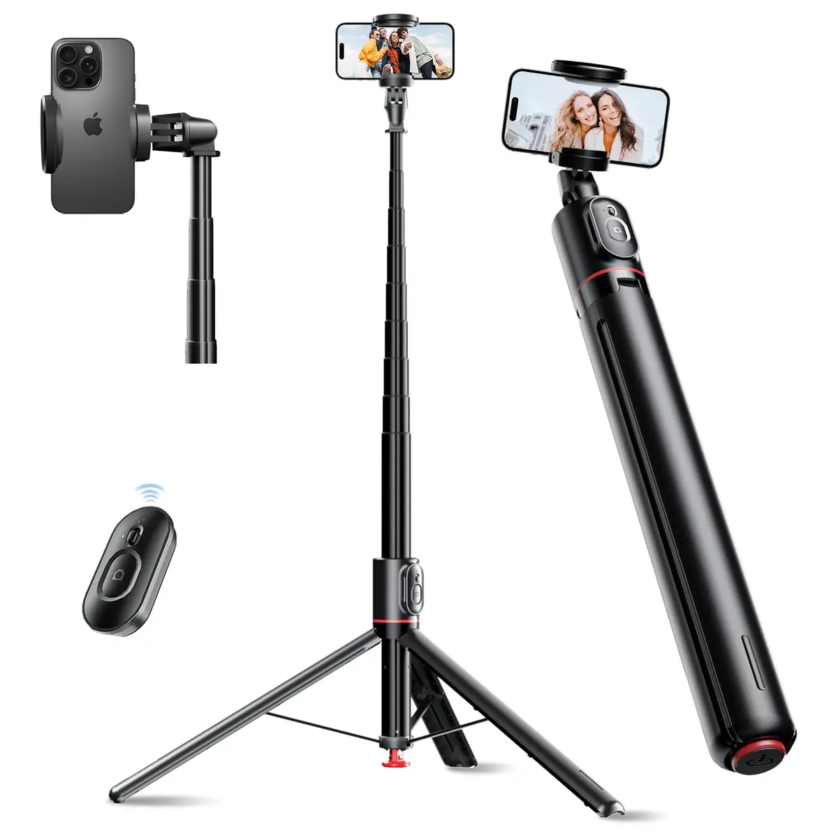 Basike Tripé para Celular, Bastão de Selfie 1,77m com Abertura Automática | Pau de Selfie 3 em 1, Rotação Dupla 360°, Controle Remoto Magnético Destacável, Ideal para Selfies e Transmissão ao Vivo