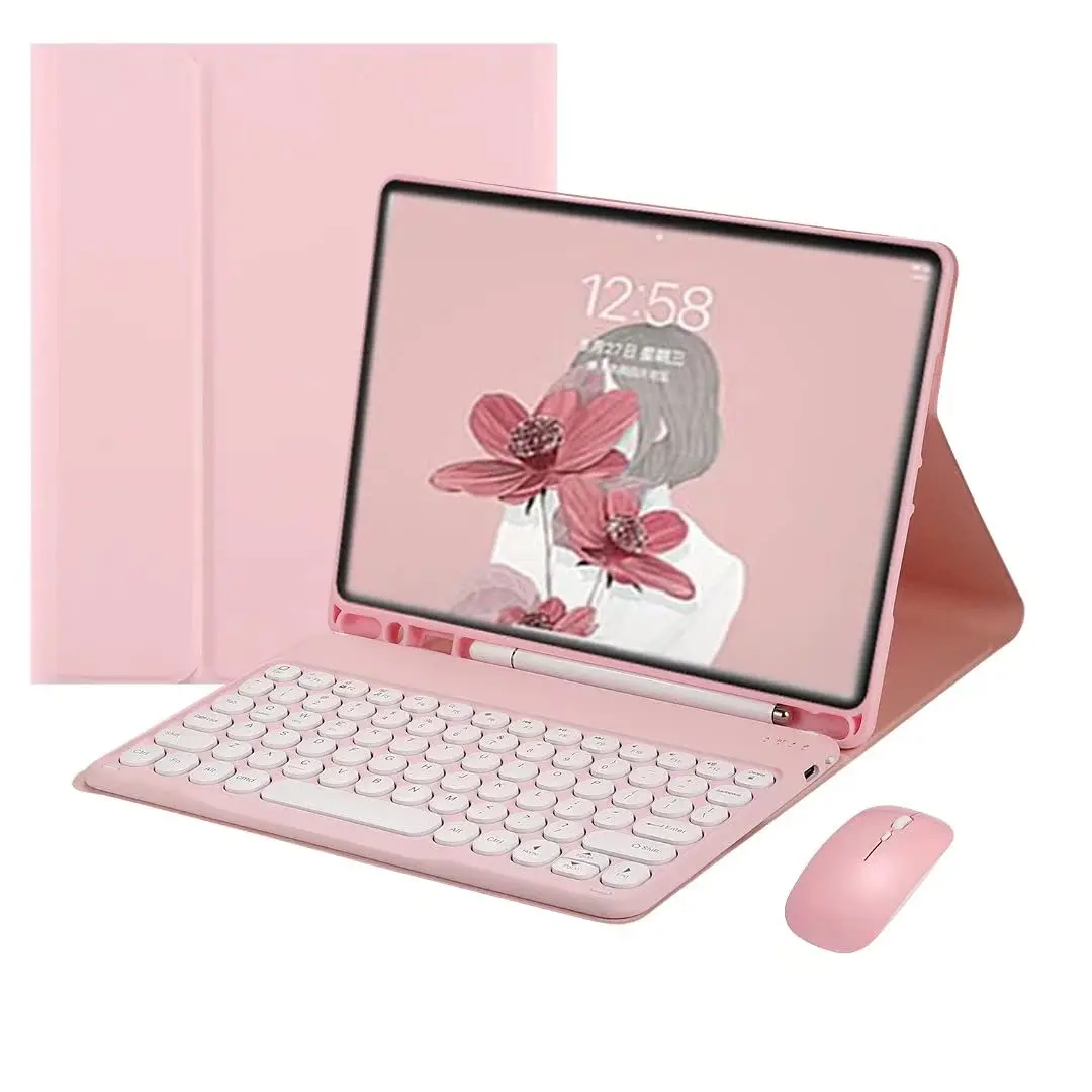 Estojo de teclado para iPad 9ª/8ª/7ª geração, teclado para iPad 10.2'' com mouse Teclado redondo bonito destacável com porta-lápis (iPad 9/iPad 8/iPad 7(10.2 inch), Rosa)