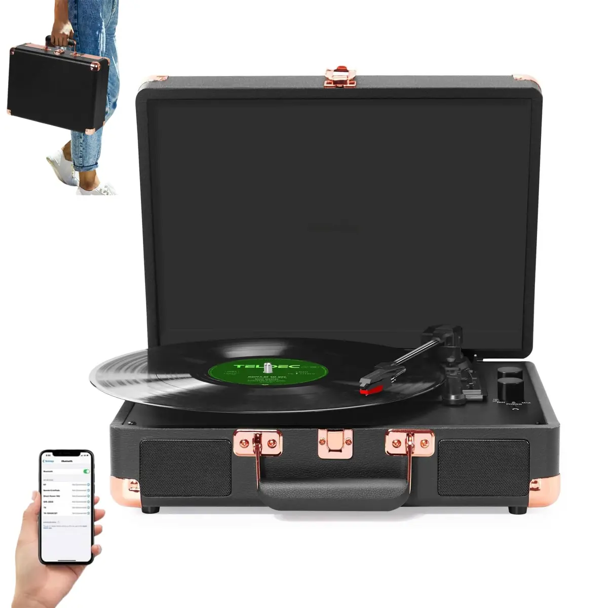 VEDO Toca-Discos Retro, Bluetooth 5.4, com Alto-Falantes, RPM 33/45 / 78, Conversor AUX, Entradas AUX, RCA e LP, Design Leve e Alça Portátil, Madeira Elegante, Escolha dos Amantes da Música, Preto