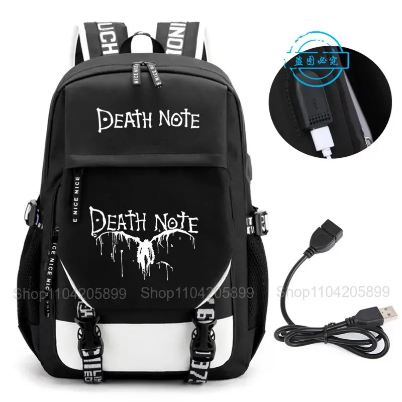 Mochila Death Note Anime para estudantes, bolsa escolar, bolsa de viagem com porta USB, bolsa preta para laptop, presente para meninos - 1