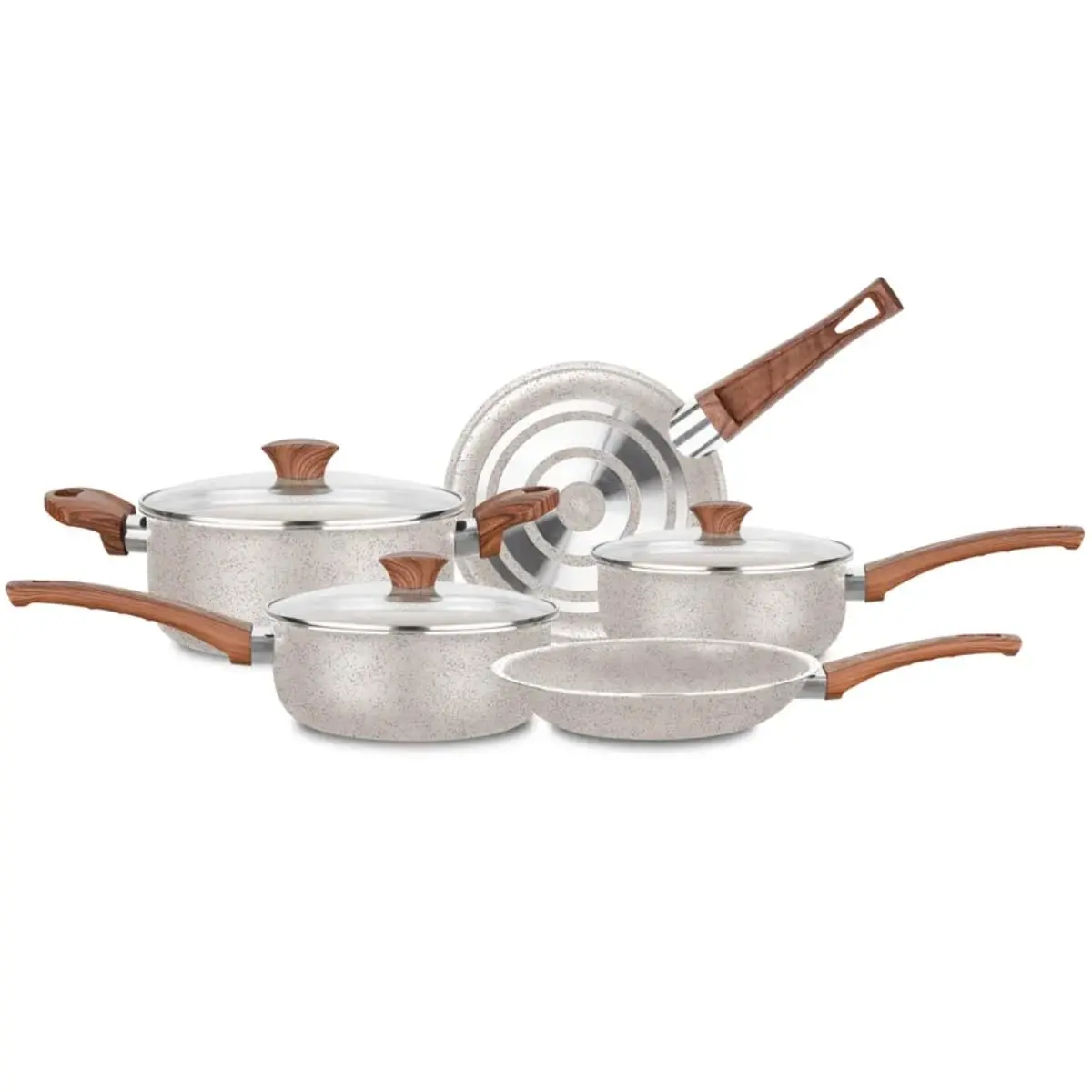 Conjunto de Panelas Vanilla Cerâmica 5 Peças – Antiaderente Cerâmico | 18cm, 20cm, Caçarola 22cm, Frigideiras 22cm e 24cm | Tampas de Vidro, Cabos Antitérmicos (VANILLA) - 1