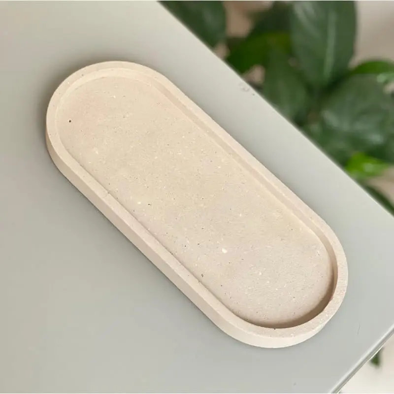 Bandeja Oval em Cimento Branco Artesanal Resistente à Água para Decoração(Nude Areia) - 1