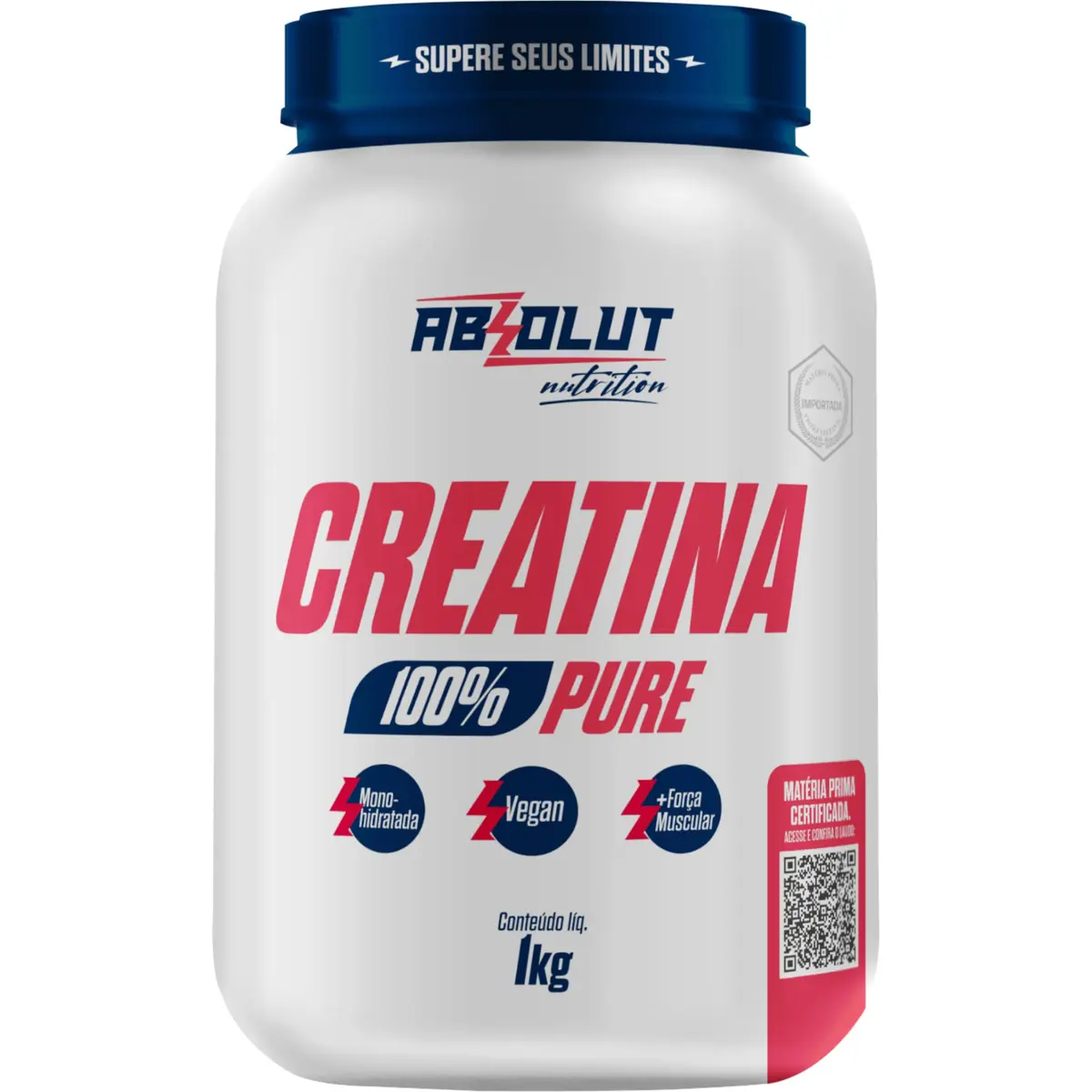 Creatina em pó monohidratada, Absolut Nutrition, sem sabor, 1kg | Embalagem com QR Code para acesso ao laudo técnico do lote e dose de 3 g