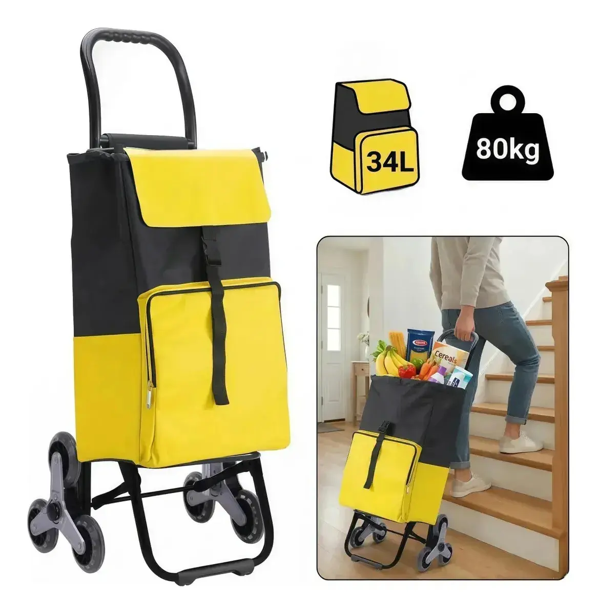 Carrinho De Compras Dobrável Sobe Escada Com Bolsa Térmica Frontal Rodas Triplas Feira Supermercado Reforçado Em Aço Oxford 600d Resistente 34 Litros