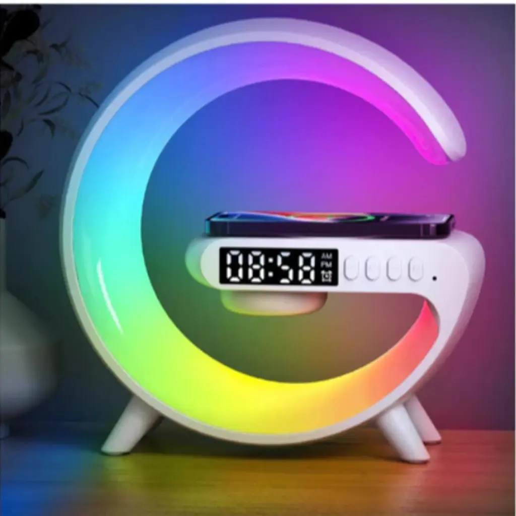 Caxinha de Som G -Speaker COR BRANCA Com Relógio Luminária Bluetooth Inteligente Carregador Sem Fio Led Luz Rgb-LC - 1