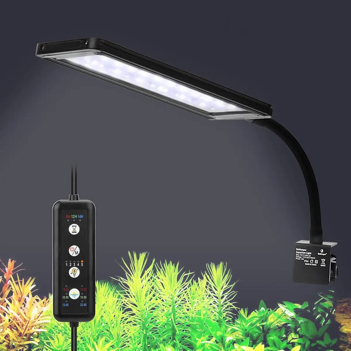 Luminária LED Aquário Clip On 24/7 com Modos Nascer do Sol – Luz do Dia – Luz da Lua e Modo DIY, 7 Cores Ajustáveis com Temporizador/Brilho para Aquários de 12~20 polegadas (9W)