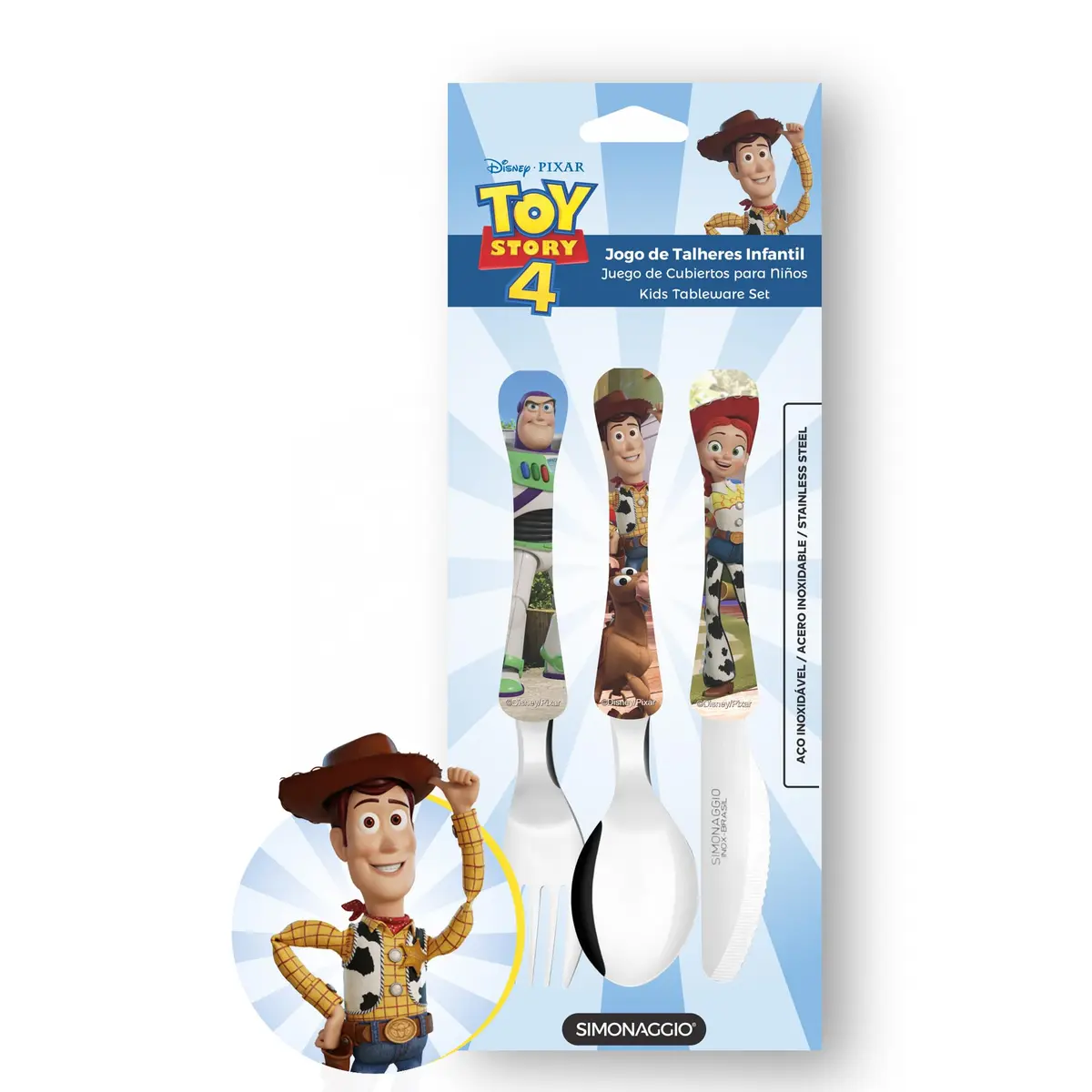 SIMONAGGIO Jogo de Talheres Infantil Disney Kids Toy Story - Kit de Talheres de Aço Inox Com Cabo Plástico Para Bebês - Multicor - 3 Peças - 1
