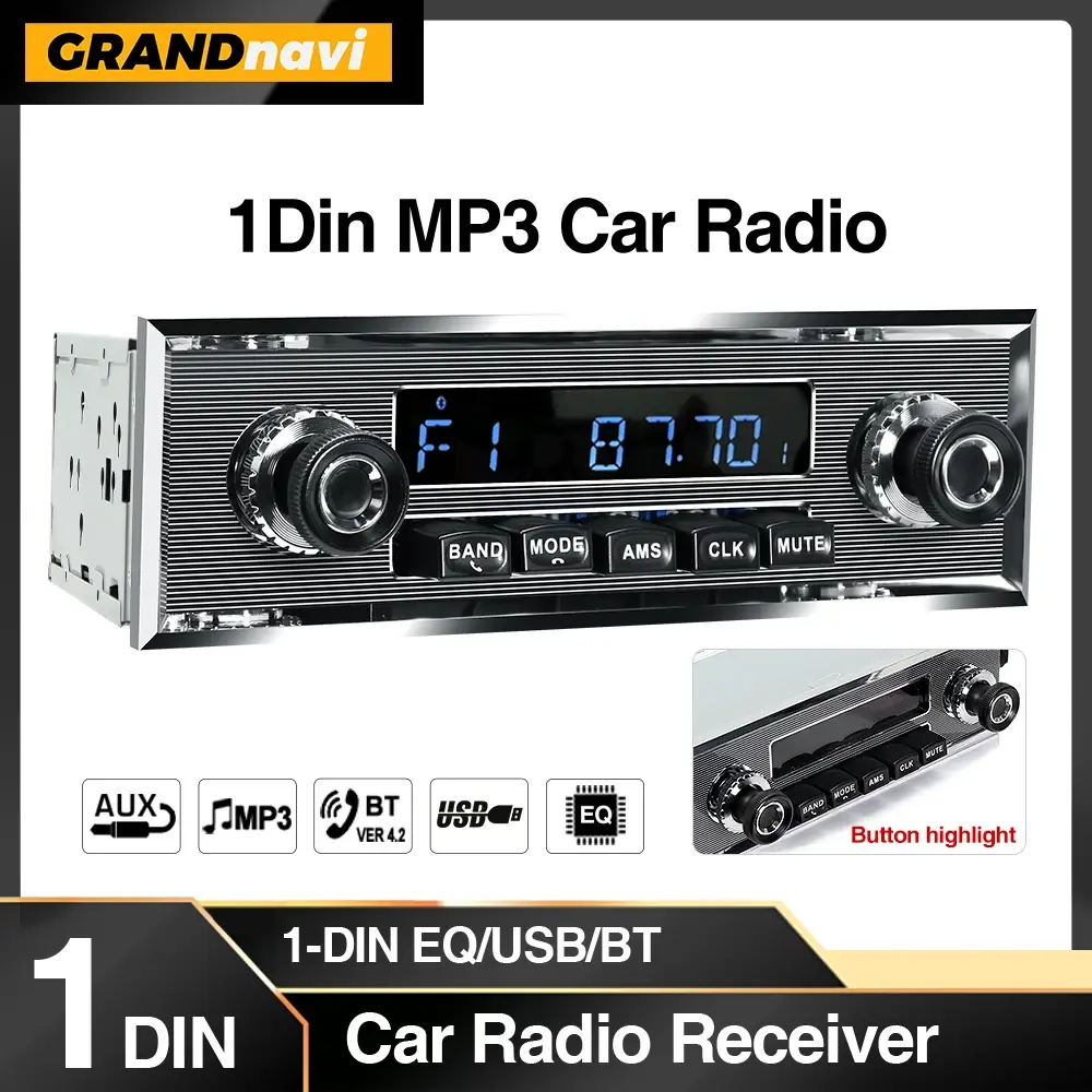 Grandnavi 1 din rádio do carro mp3 player clássico carro retro áudio estéreo suporte fm aux eq entrada usb no painel bluetooth para benz