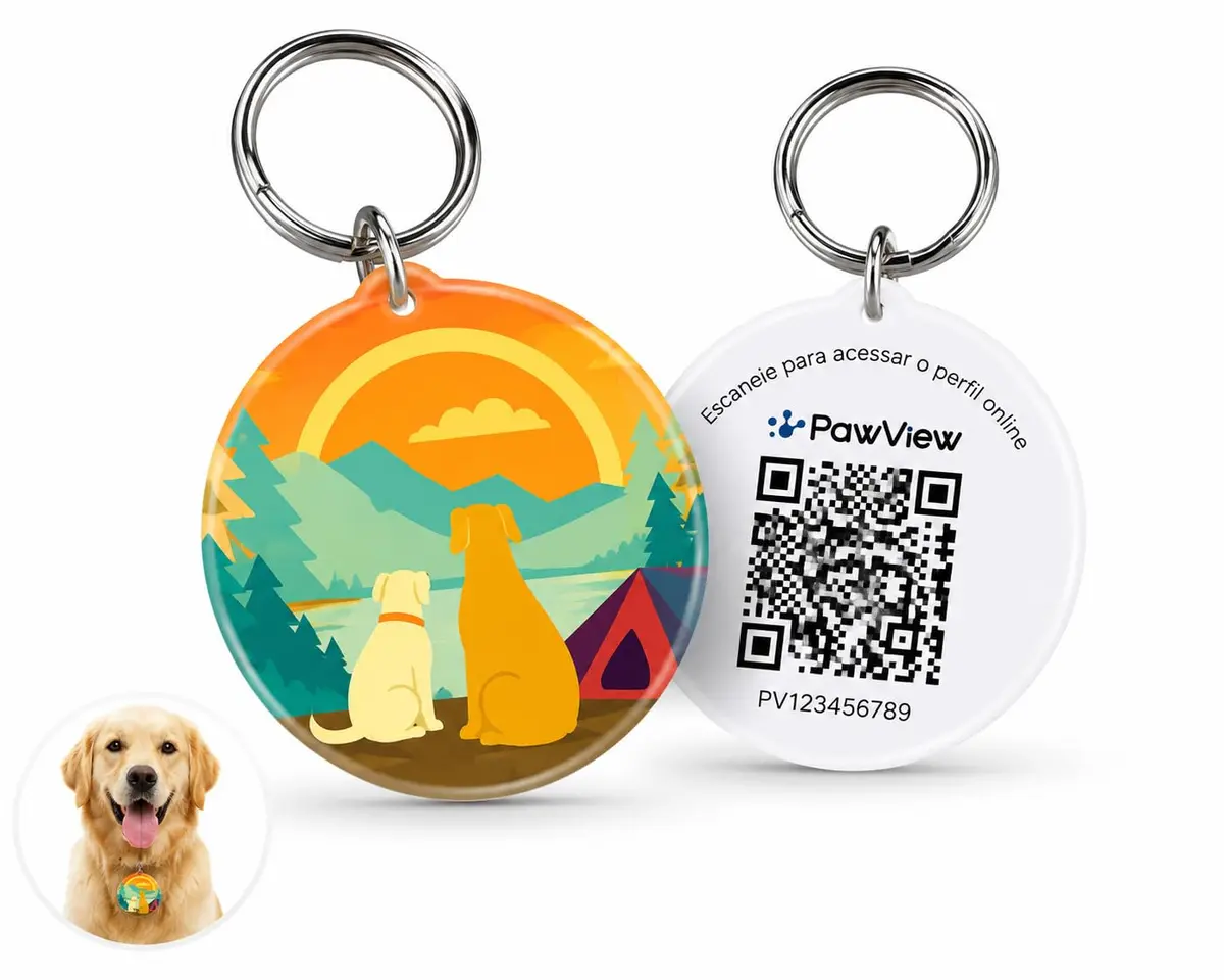 PawView Plaquinha de Identificação Pet com QR Code Nascer do sol | Tag Inteligente Anti-Perda para Cachorro e Gato, Pingente Decorativo com App, Contato do Tutor e Gestão do Pet Série Tempo