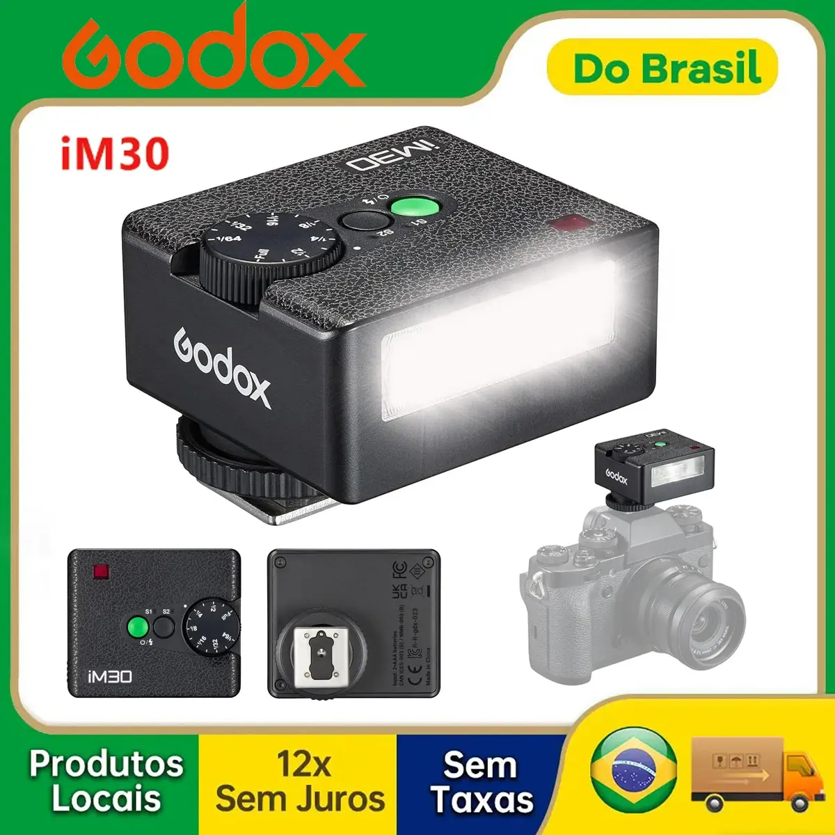 【Do Brasil】Godox iM30 Mini câmera Flash para Canon Fuiji f1-230 Sony zv1 zve10 Ricoh gr3 Nikon Panasonic Olympus Pentax Câmeras
