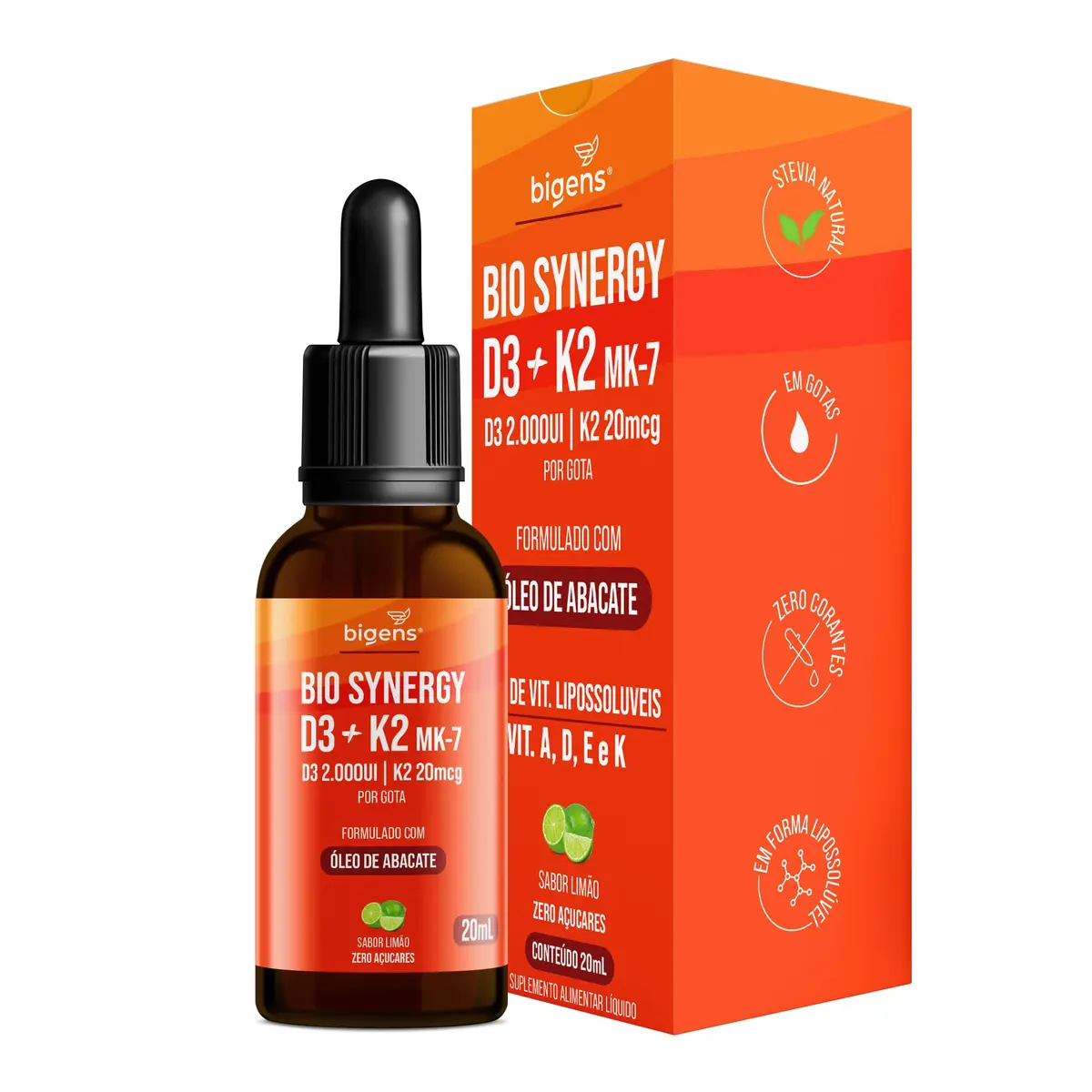 Bigens Bio Synergy Vit D3 + K2 MK7, Sabor Limão, 20ml