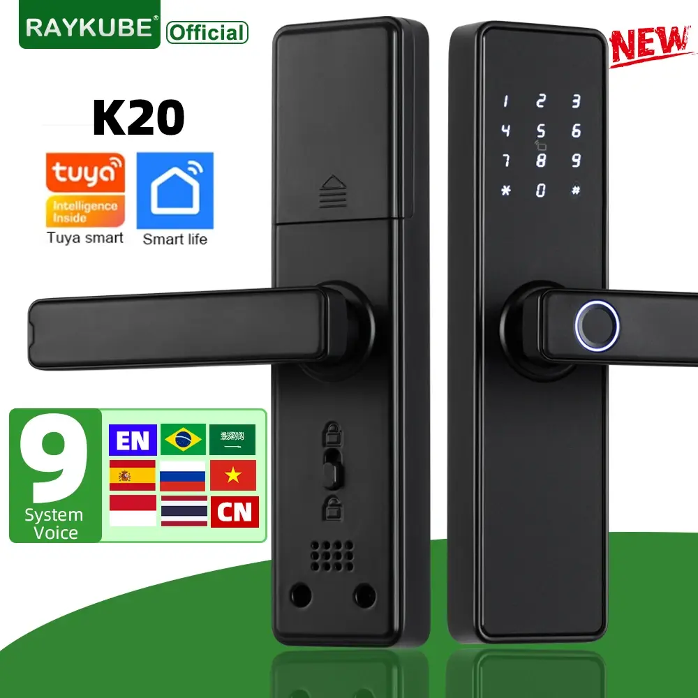 Raykube k20 fechadura biométrica de porta com impressão digital de 9 idiomas, fechadura eletrônica com aplicativo tuya/cartão ic/senha/desbloqueio de chave