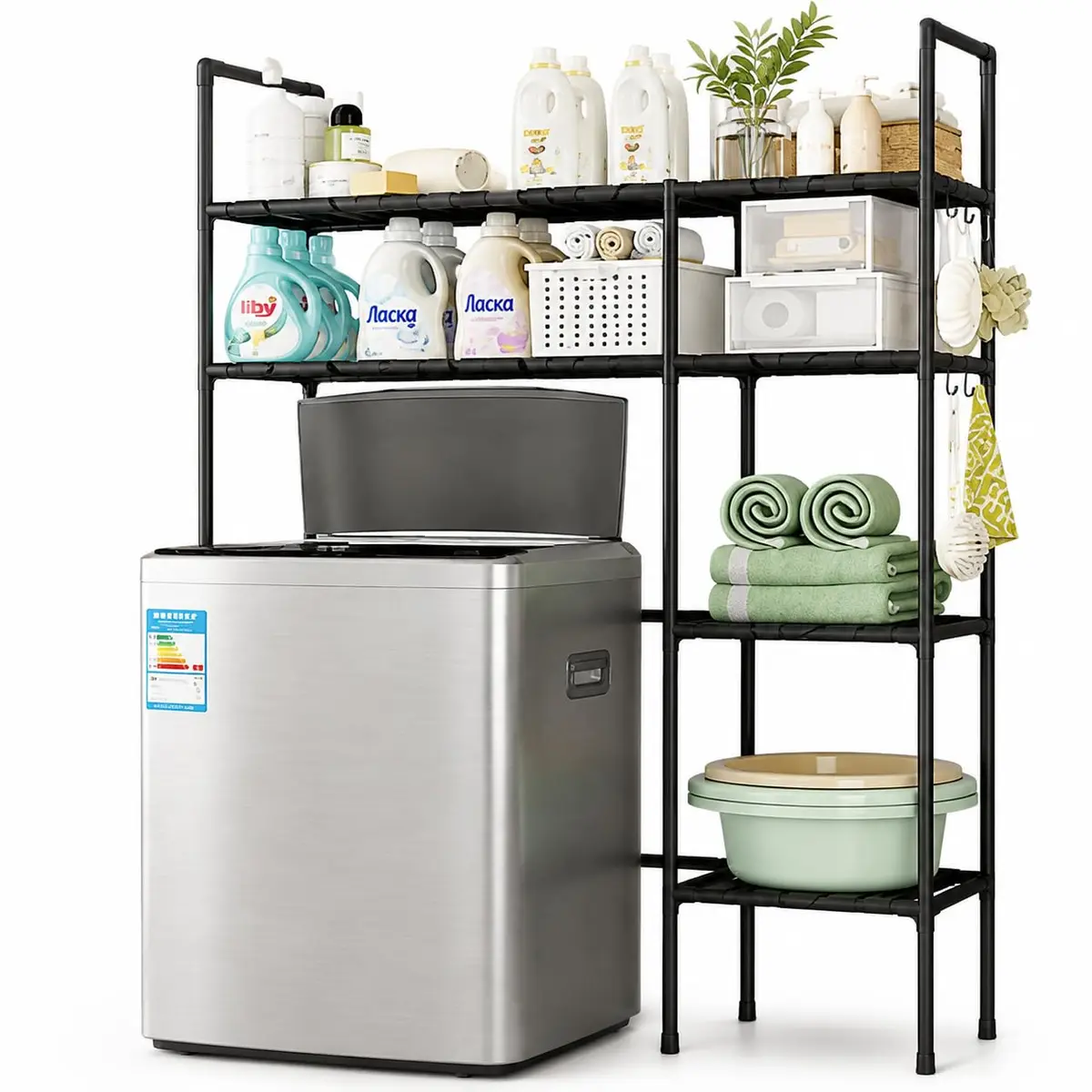 Estante para Lavanderia e Banheiro Multiuso 105x25x130cm HABITARA HOME | 10 nichos organizadores, 4 ganchos funcionais, aproveitamento vertical, rotina mais organizada