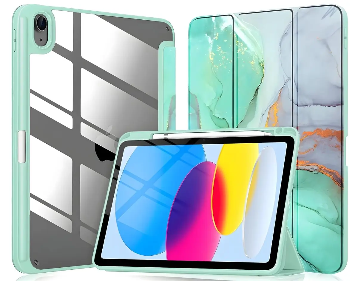 DECART Capa para iPad 11ª/10ª Geração 10,9” A16 2025/2022 – Mármore Verde | Case Slim Magnética, Traseira Transparente, Despertar Automático, Suporte Ajustável, Porta Pencil