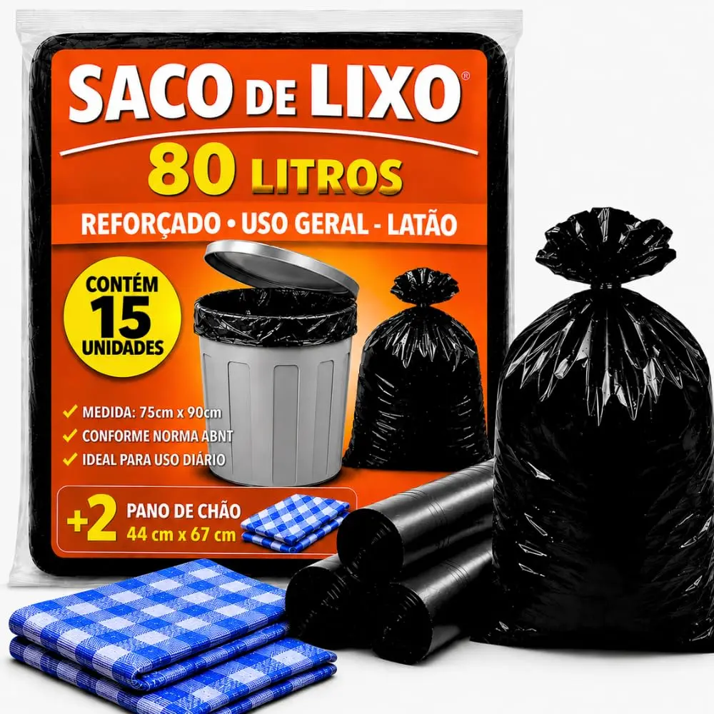 KIT SACO DE LIXO PRETO 80 LITROS C/ 15 UNIDADES + 2 PANOS DE CHÃO XADREZ 44 X 67 CM, UTILIZAÇÃO EM TAMBOR, CASA, COMÉRCIO, EMPRESA E USO GERAL, TAMANHO ABNT