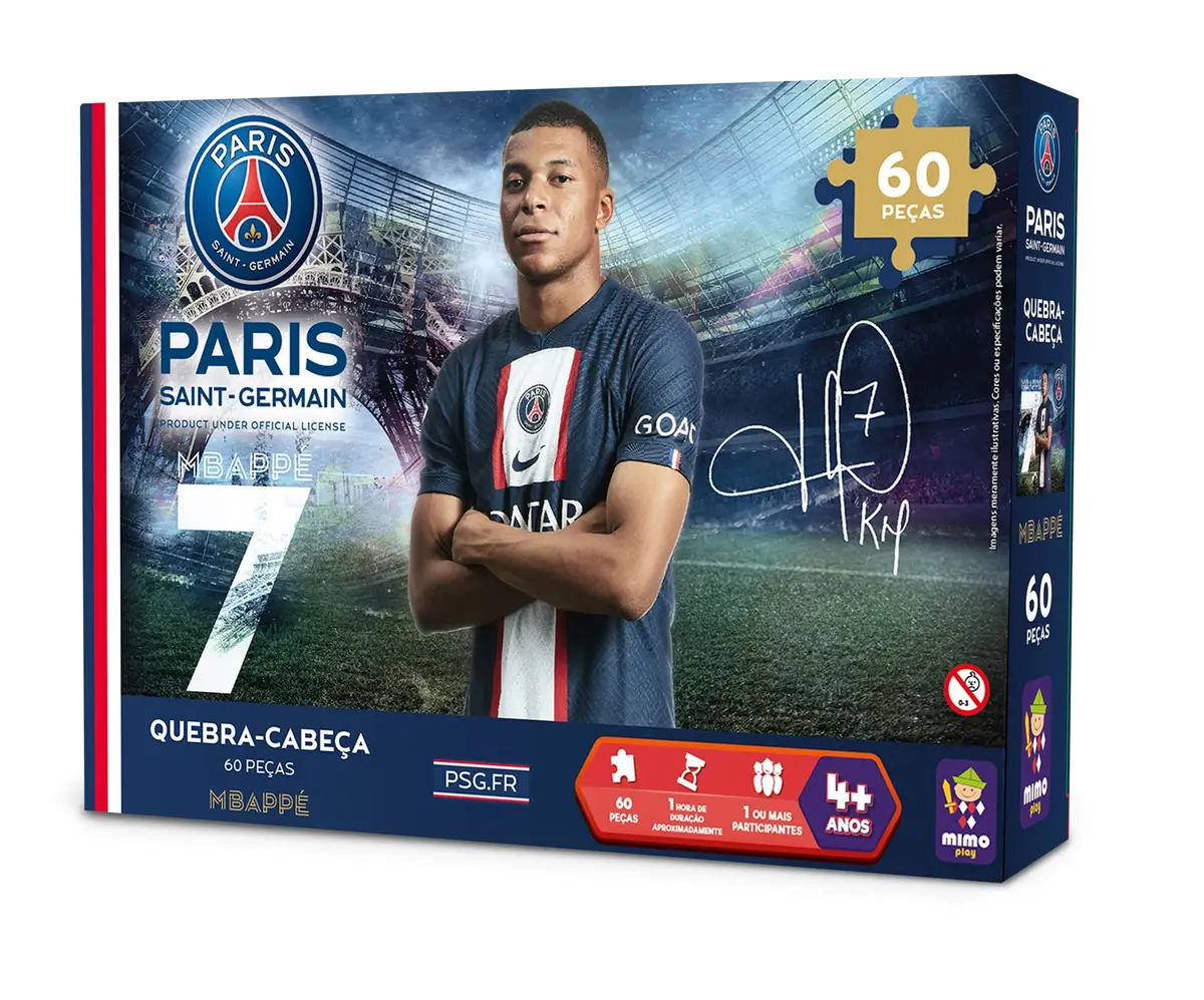 Quebra Cabeça Colecionavel PSG Mbappe, 60 peçcas, Mimo brinquedos | Material de papelão