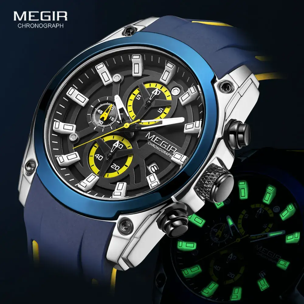 Megir relógios esportivos militares masculinos, à prova d'água, moda azul, pulseira de silicone, relógio de pulso masculino de luxo, marca superior, relógio luminoso