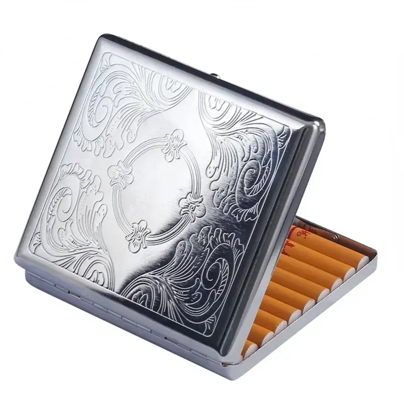 Caixa de cigarros de metal em aço inoxidável, estojo portátil para cigarros com relevo, caixa de armazenamento personalizada e moderna, ferramenta para fumantes. - 1