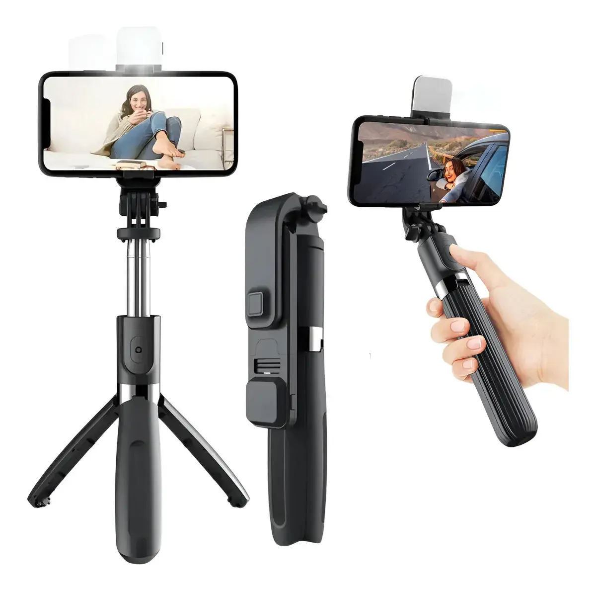 Tripé Celular Bastão Pau De Selfie Bluetooth Mesa Led 3 Em 1 Preto - 1