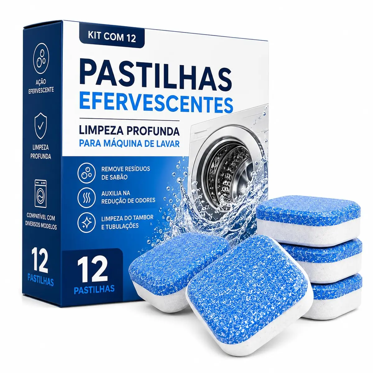 Pastilhas Efervescentes para Limpeza de Máquina de Lavar | Kit 12 Pastilhas | Remove Resíduos e Reduz Odores | Lava e Seca