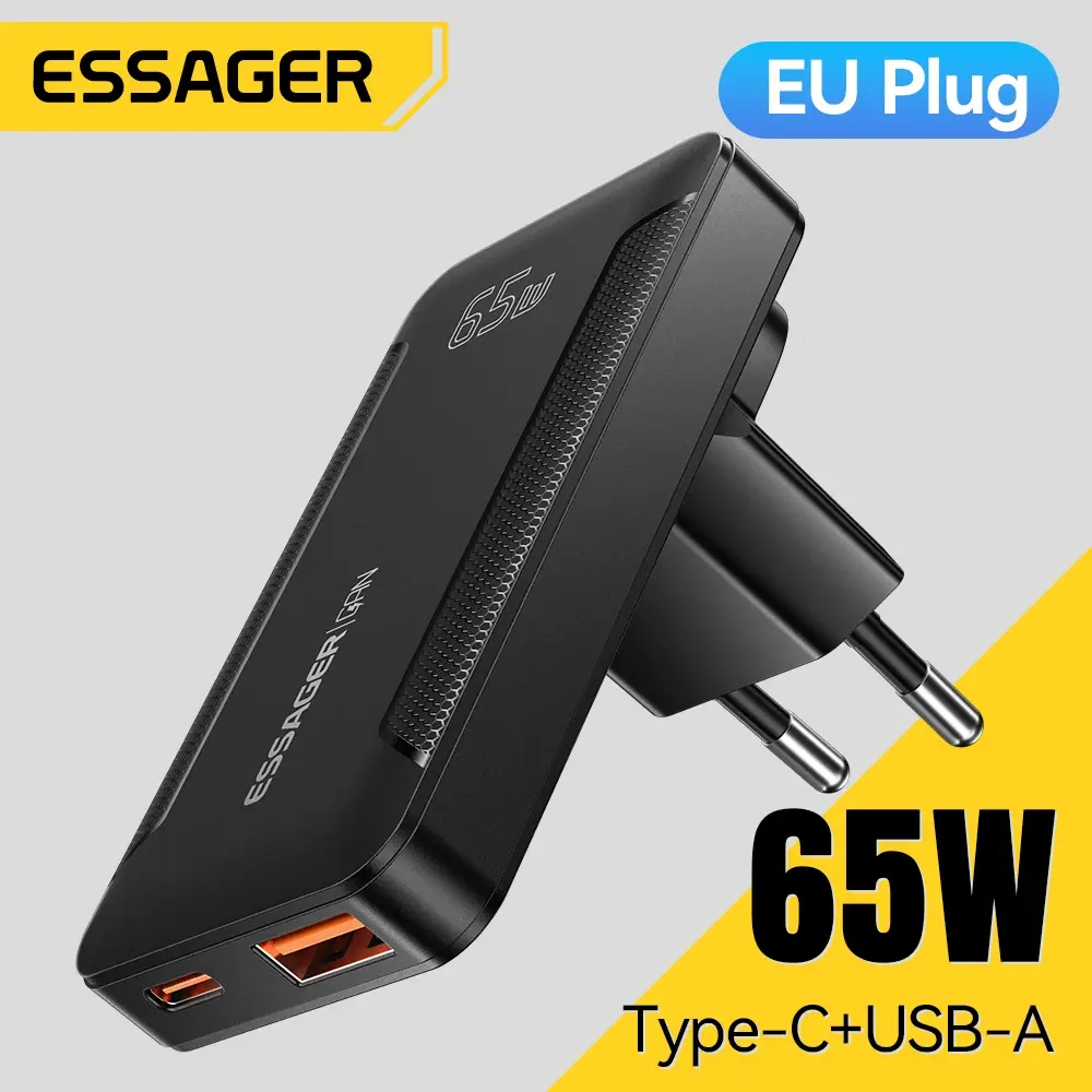 Carregador de Viagem Essager Ultrafino 65W GaN Pro com Carregamento Rápido 4.0 PD3.0 Portátil Tipo-C para iPhone 17 16 15 Samsung MacBook Laptop - 1