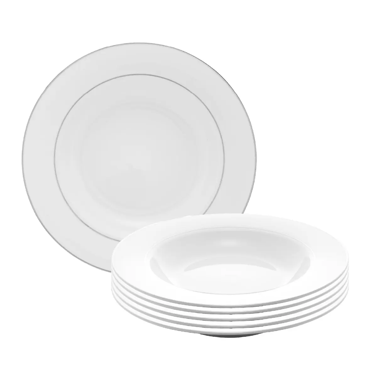 WOLFF - Conjunto 6 Pratos Fundos de Porcelana com Borda Prateada Mônaco Branco 21,5cm x 3,5cm