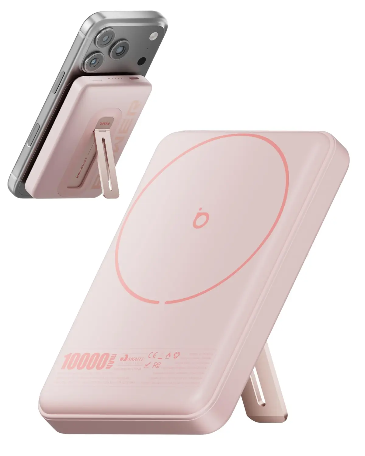 Power Bank 10000mAh Indução, Basike Carregador Portatil com Suporte(Rosa) | Carregamento Sem Fio 15W(MAX) + Cabo Tipo C 22.5W(MAX)– Bateria Externa Integrado Universa Compatível com MagSafe - 1