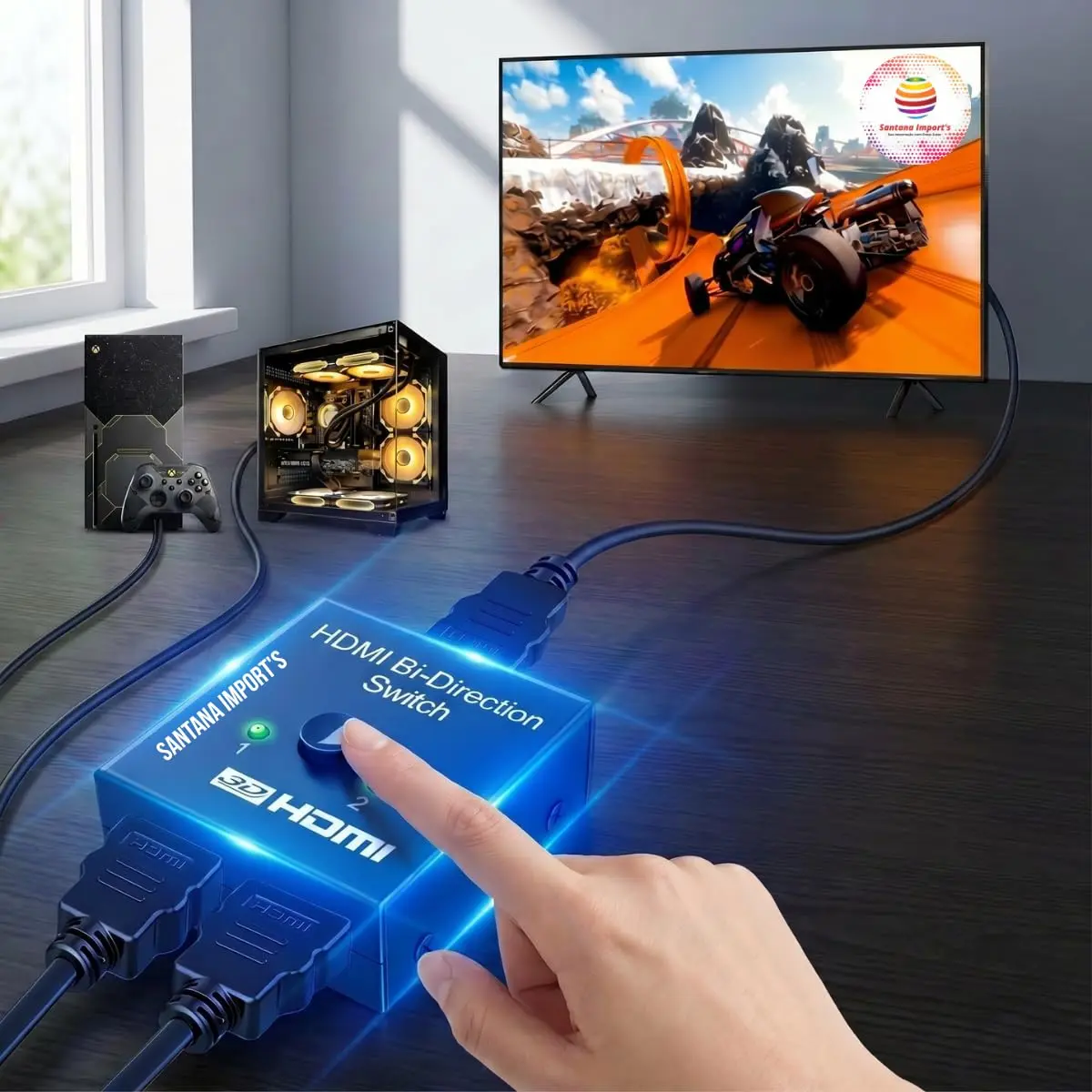 Chaveador HDMI Bi-Direcional 2x1 / 1x2 4K 60Hz | Switch Seletor HDMI 2 Entradas 1 Saída ou 1 Entrada 2 Saídas, Botão Físico com LEDs, Sem Alimentação Externa, Plug & Play
