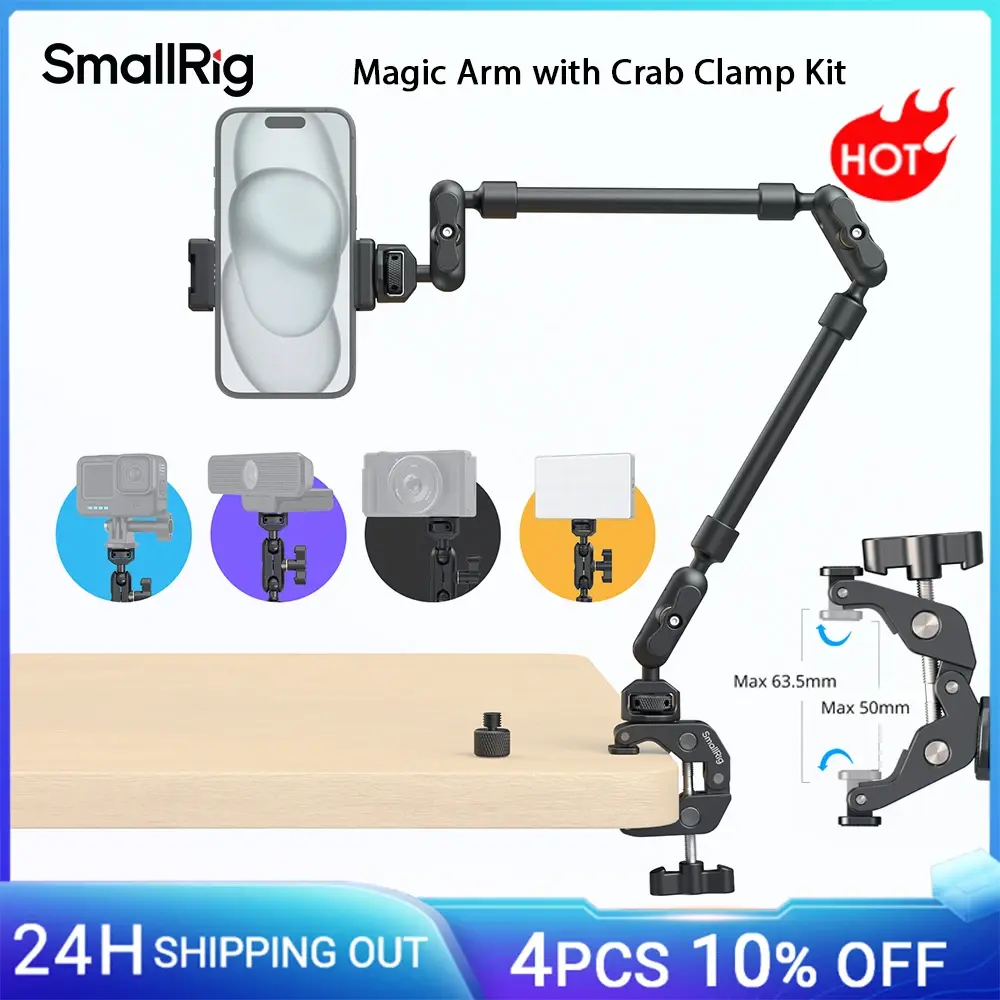 Braço mágico SmallRig com kit de braçadeira de caranguejo, suporte de tripé de mesa ajustável, braço de lança, para smartphones webcams câmeras de ação 4766 - 1