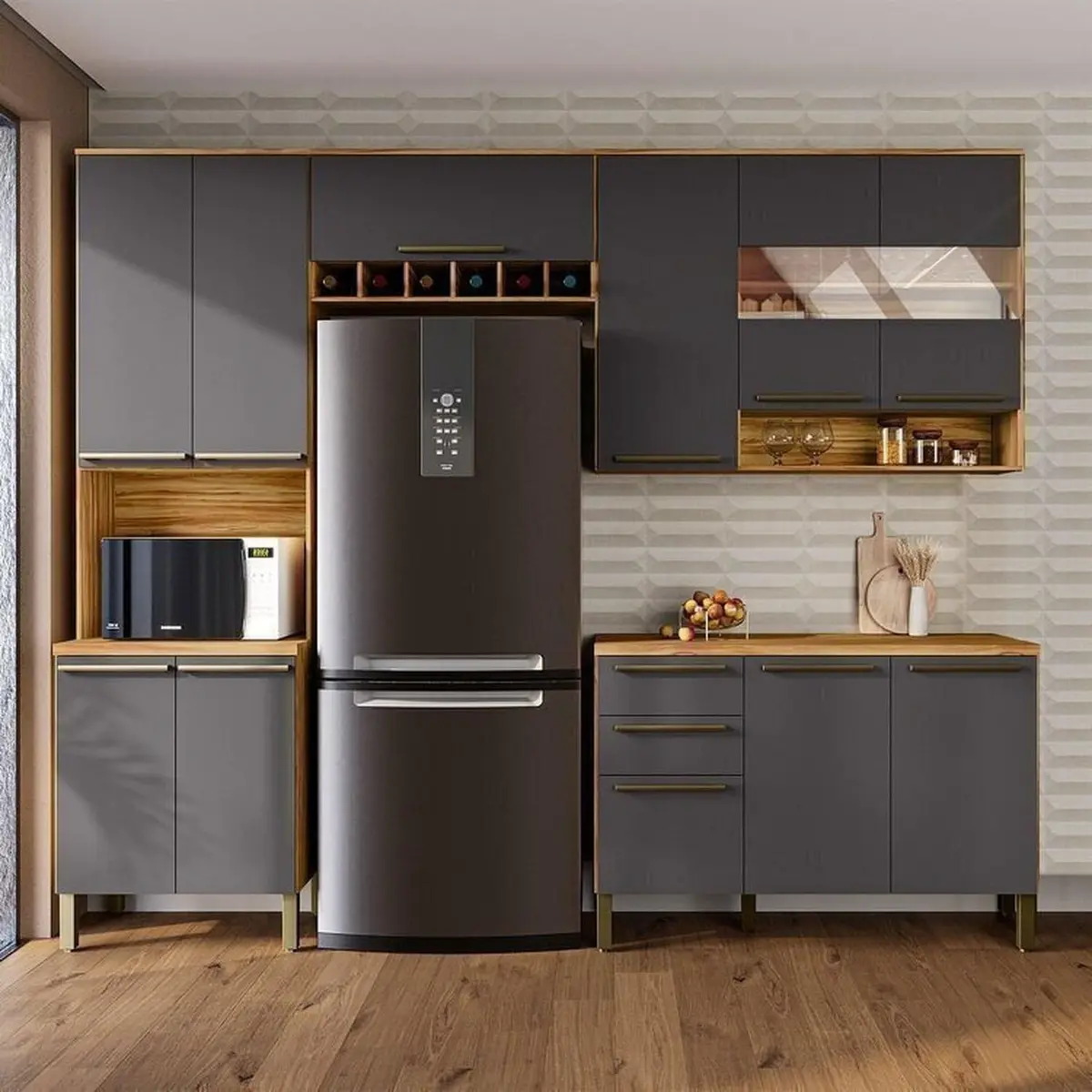 Cozinha Compacta Modulada 4 Peças 11 Portas com Vidro e Tampo 266cm 100% MDF Itália Espresso Móveis Cinza/Amêndoa/Chumbo Amêndoa/Chumbo